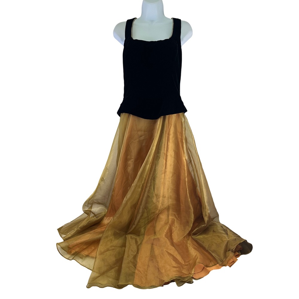 Dave & Johnny Vintage Velvet Organza Ball Gown Black Gold Bow Prom Dress 9-10